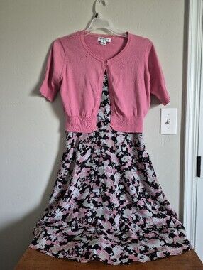 Pink Floral Print Dress with Pink Cardigan